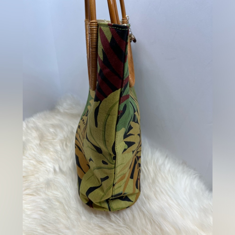 Fossil Forever Vintage Rare Canvas Tropical Foliage Wicker HandleShoulder Bag - Picture 3 of 14